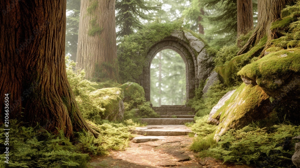 Fototapeta premium Stone archway covered in moss standing in a lush forest with a path leading through. Magical entrance to a fantasy world inside a woodland setting. Nature, mystery and ancient portal.