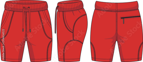 Photos Technical fashion illustration of red shorts with drawstring waistband, zip pock