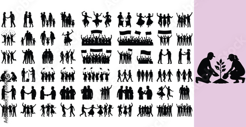 Silhouettes of people celebrating and socializing at events. Diverse groups enjoying festivities and community gatherings.