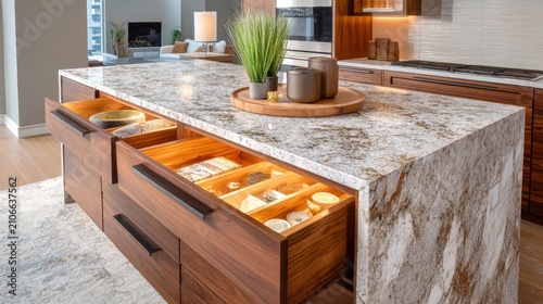Open kitchen island drawer with interior lighting and granite countertop. Modern interior design of walnut cabinetry. Organization and storage concept for custom luxury home kitchen.