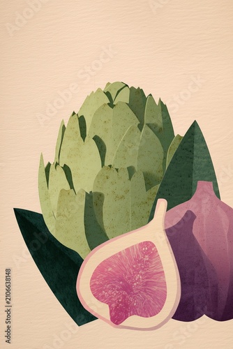 Minimalist Artichoke and Fig Paper Collage Poster, Mid Century Modern Botanical Wall Art, Scandinavian Kitchen Printable