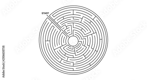 A black and white illustration of a complex circular maze puzzle with a clear 'START' entry point on the outer edge, leading towards the center.