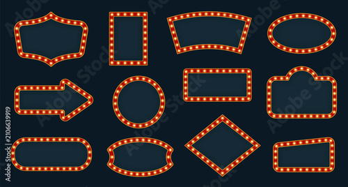 Retro marquee sign frames with glowing light bulbs, red and gold vintage theater borders on dark blue background, blank geometric signage templates for cinema, carnival, casino and event vector set