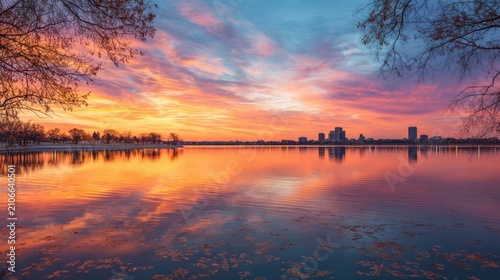 Sunset over city skyline reflected in lake water. Colorful golden hour sky with urban silhouette and calm water surface. Scenic landscape view for travel, vacation and nature background.