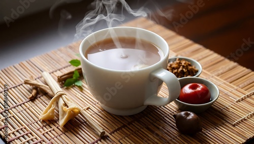 Wedang Jahe served in a white porcelain cup on a bamboo placemat, soft side lighting enhancing steam and reflections, ingredients arranged around