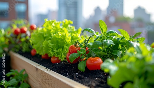 Fresh Tomatoes and Lettuce Growing in an Urban Rooftop Garden Box