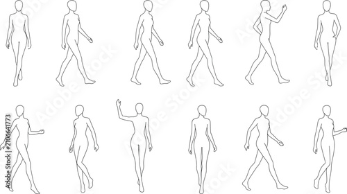 Set of Female Walking Poses and Human Movement Figures Isolated on White Background for Animation