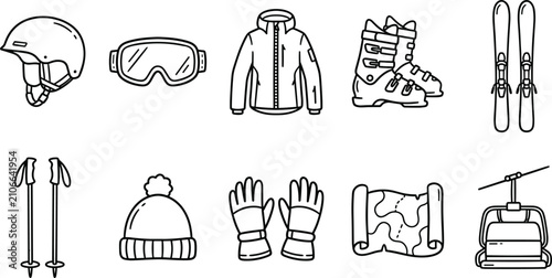 Bild auf Leinwand Winter Ski and Snowboard Equipment Hand Drawn Icon Set featuring Helmet Goggles