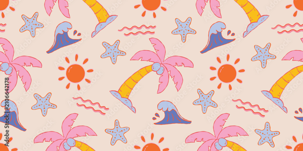 Fototapeta premium eamless Playful Summer Tropical Pattern with Palm Trees, Sun, Waves, and Starfish. Cute Hand-Drawn Vacation Beach Print for Fabric, Fashion, Wallpaper, Stationery Design, and Packaging