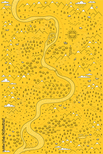 Vertical Mountain River Adventure Map on Yellow