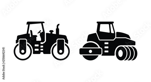 Fotografía Two road roller silhouettes depicting construction machinery against a white bac