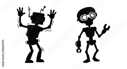 Robot and alien figures in black silhouette against a white background silhouette android extraterrestrial mechanical artificial intelligence cyborg space futuristic