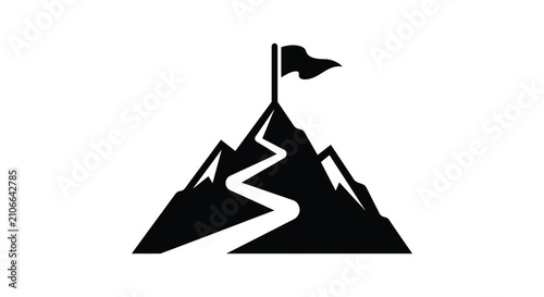 Foto Mountain range with winding path and fluttering flag a stark black silhouette mo