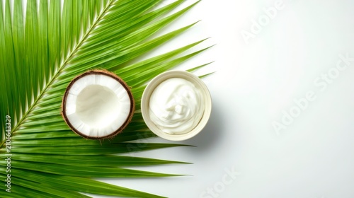 Coconut half rests beside creamy jar