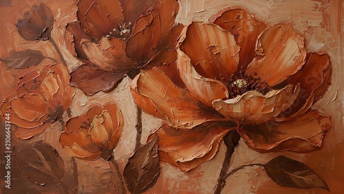 An Expressive Textured Oil Painting Of Rich Brown And Terracotta Floral Blossoms
With Thick Impasto Brushstrokes Creating A Warm And Elegant Composition