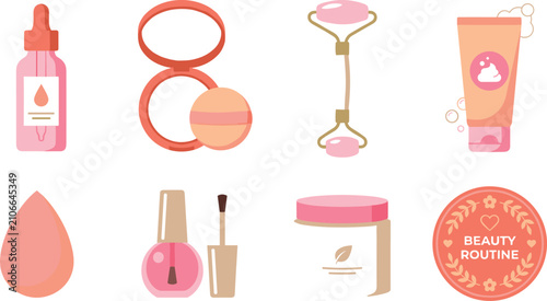 Quadro su tela Skincare and cosmetics icon set featuring facial serum compact powder jade rolle