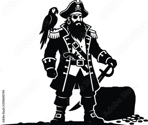 Фотография Bearded pirate captain with parrot on shoulder, holding sword cutlass near treas