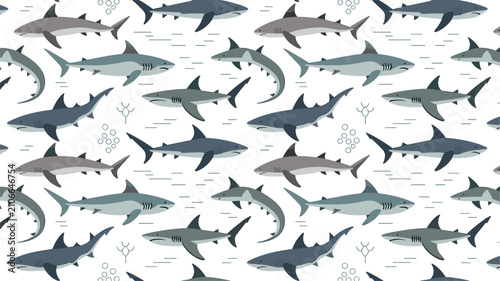 Seamless Shark Pattern Vector Background with Diverse Cartoon Great White Hammerhead and Tiger Sharks Swimming for Textile Print Kids Wallpaper and Packaging Designs