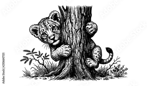 Foto Adorable Lion Cub Clinging to Tree Trunk Dark Engraved Safari Vector Illustratio