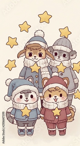 Cozy Companions, Twinkling Stars: A Hand-Drawn Winter Dream