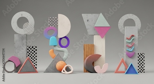 Vibrant 3D Composition: Playful Geometric Forms & Textures Collide