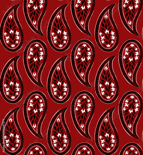 Seamless modern paisley pattern with black and white ethnic motifs on dark red background for digital textile print