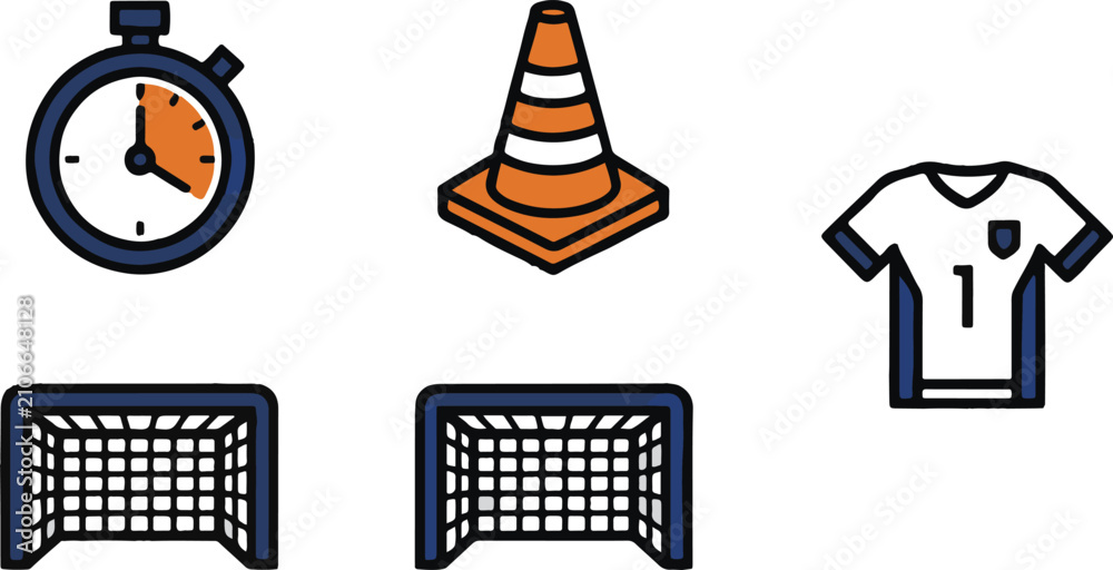 Obraz premium Professional Modern Football Soccer Match Timer Training Cone Team Jersey Goalkeeper Jersey and Soccer Goal Post Line Icons Set for Sports Graphics
