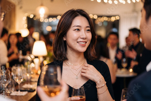 Young woman smiling at an elegant evening cocktail party with necklaces for lifestyle event portrait and social gathering banner