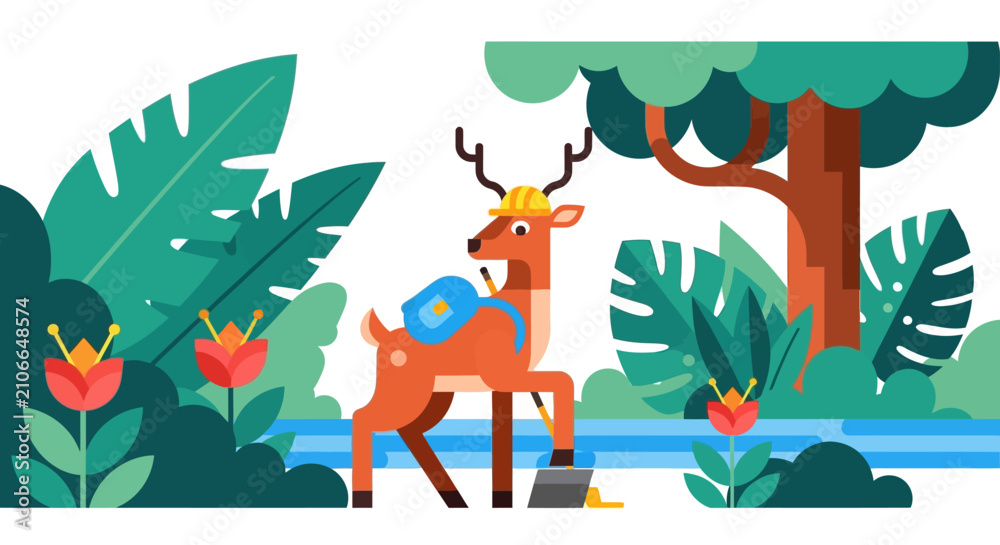 Fototapeta premium Deer with backpack and helmet in forest