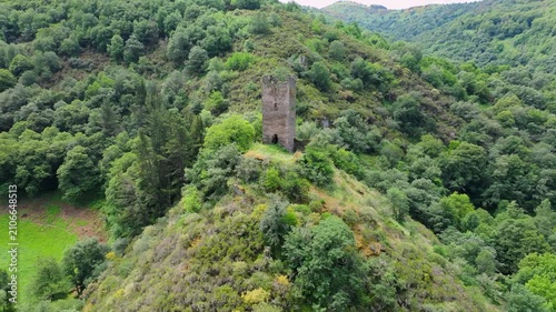 Torre de Doncos Standing In The Valley Of The Navia River In Galicia, Spain. Aerial Rotated Shot