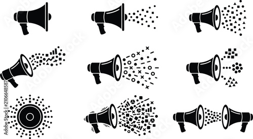 Bild auf Leinwand Black Megaphone Icon Set Emitting Geometric Particles Vector for Marketing Campa