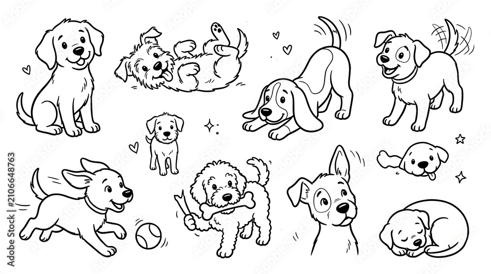 Obraz premium Set of cute puppy dog characters playing and resting in simple black and white line art vector illustration style