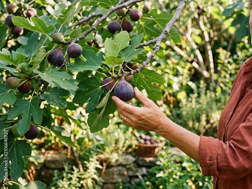 Hand gently picking ripe figs from a lush tree in a sunny garden
