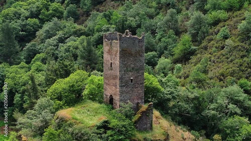 Torre de Doncos - Medieval Slate Fortification In As Nogais, Galicia, Spain. Aerial Rotating Shot