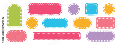 Set of colorful scalloped edge labels and frames in various geometric shapes, including rectangles, circles, and ovals with white outlines