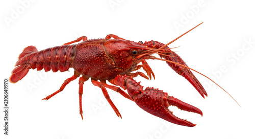 Obraz na plátně Bright red crawfish with prominent claws and antennae on a white background