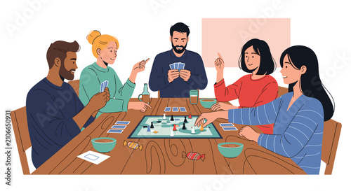 Group of diverse friends enjoying fun evening playing strategic board game at large wooden dining table together.