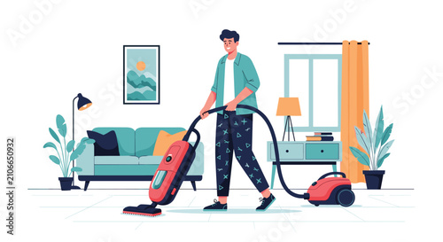 Man performing household chores by cleaning carpet with modern vacuum cleaner in bright contemporary living room.