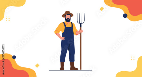 Strong farmer in overalls holding large pitchfork standing confidently against colorful abstract yellow background.