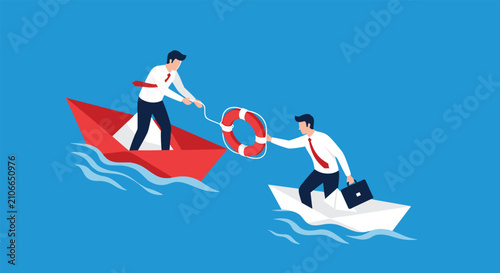 Business rescue metaphor showing man in red paper boat throwing lifebuoy to colleague in sinking white paper boat.