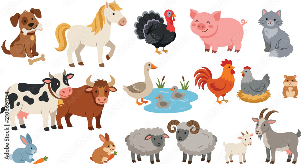 Fototapeta premium Cute farm animals vector set featuring cartoon domestic livestock cow horse pig goat sheep rooster turkey dog and cat isolated on white background.