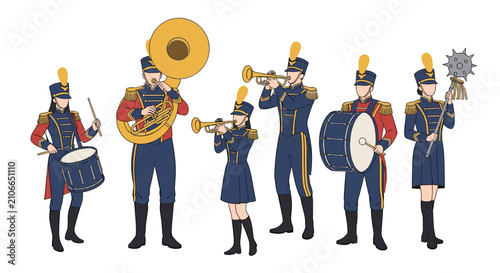 Professional marching band members in formal blue uniforms playing drums trumpets and large tuba instruments.