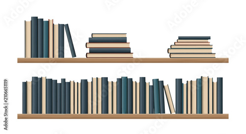 Two wooden bookshelves filled with various books arranged in stacks and vertical rows against white background.
