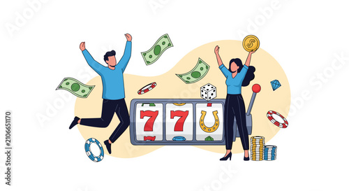 Happy couple jumping with joy after winning big jackpot prize at lucky seven slot machine in a casino setting.
