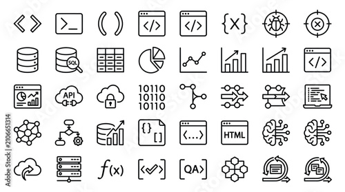 Software development and programming icon set featuring coding and data science symbols in a clean black line vector illustration style