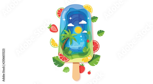 Tropical beach landscape scene with palm tree and sun revealed inside summer popsicle stick on white background.