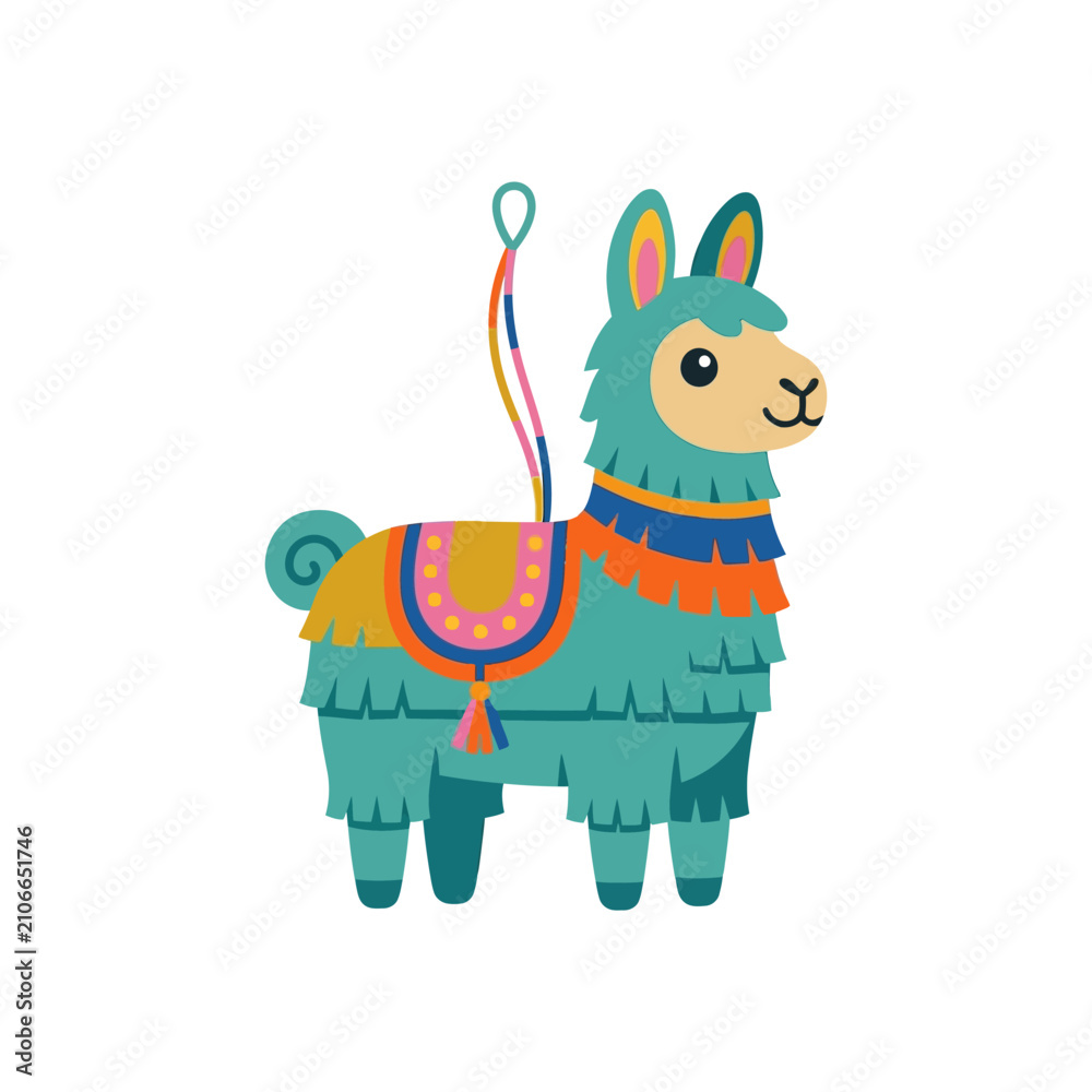 Obraz premium Cute Teal Llama Pi?ata with Colorful Saddle, Isolated on White Background