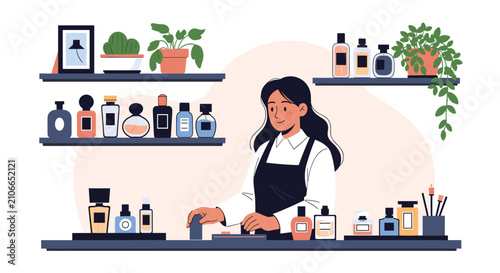Female shop assistant stands behind a counter in a luxury perfume boutique filled with many various fragrance bottles on shelves.