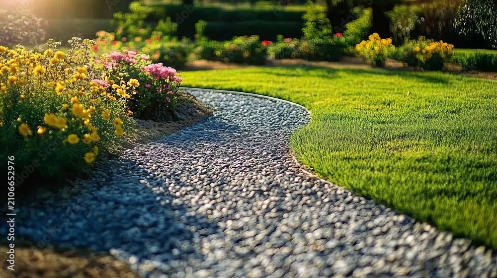 Obraz premium Beautiful Landscape Garden Featuring A Scenic Winding Gravel Path Embellished With Sunlight Flowers