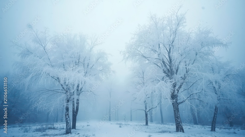 Obraz premium Frozen trees stand tall in a misty, quiet forest